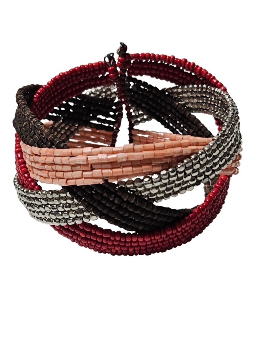 Handcrafted Beaded Bracelet Hinged Cuff Red Brown Silver Peach Fashion Jewelry
